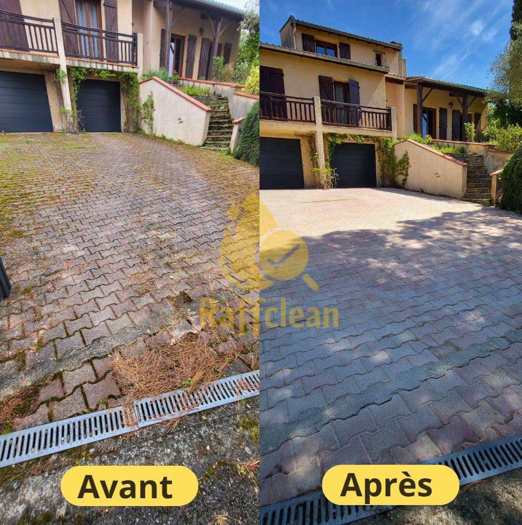 Terrasse avant et après nettoyage par RAFFCLEAN près de Toulouse