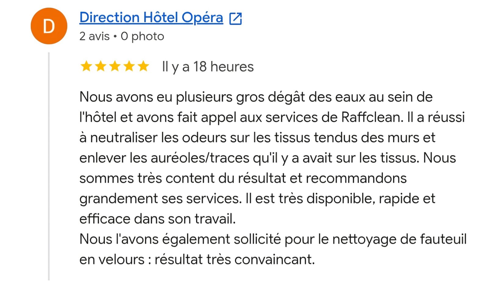 Avis d’un hôtel client sur le nettoyage réalisé par RAFFCLEAN
